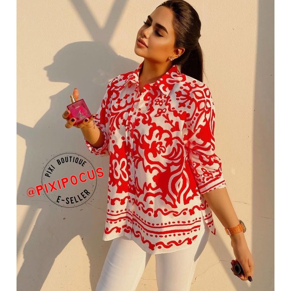 ZARA POPLIN PRINTED SHIRT OVERSIZED RED / WHITE - Picture 1 of 13